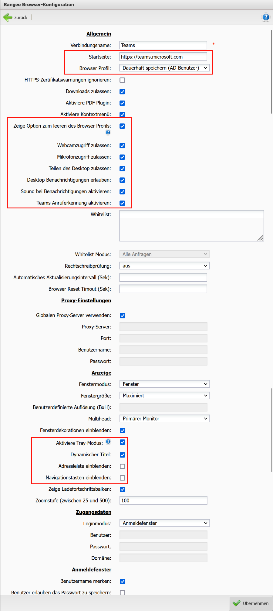 Rangee Browser Teams - Konfiguration