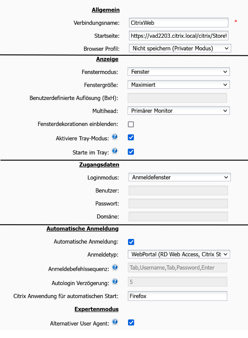 Rangee Browser Konfiguration -> Neue Verbindung (gekürzt)